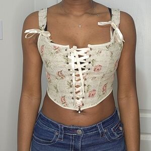 Cider Cream Floral Lace-Up Crop Top